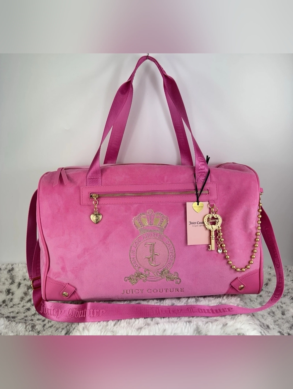 Juicy Couture Hot Pink Velour Travel Duffel with Gold Accents